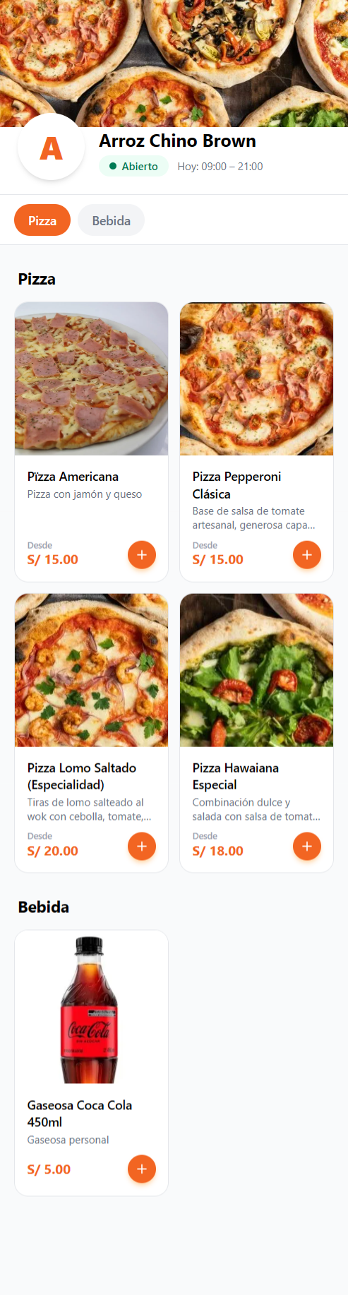 Carta pública real creada con Brown Orders: portada, estado Abierto, categorías y productos con foto y precio