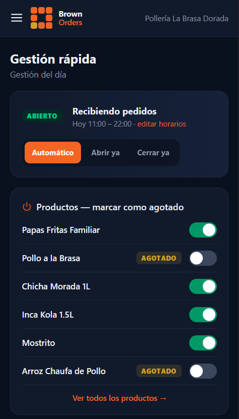 Panel de gestión rápida real: estado del comercio, switches de agotado por producto y por extra, métodos de pago y QR